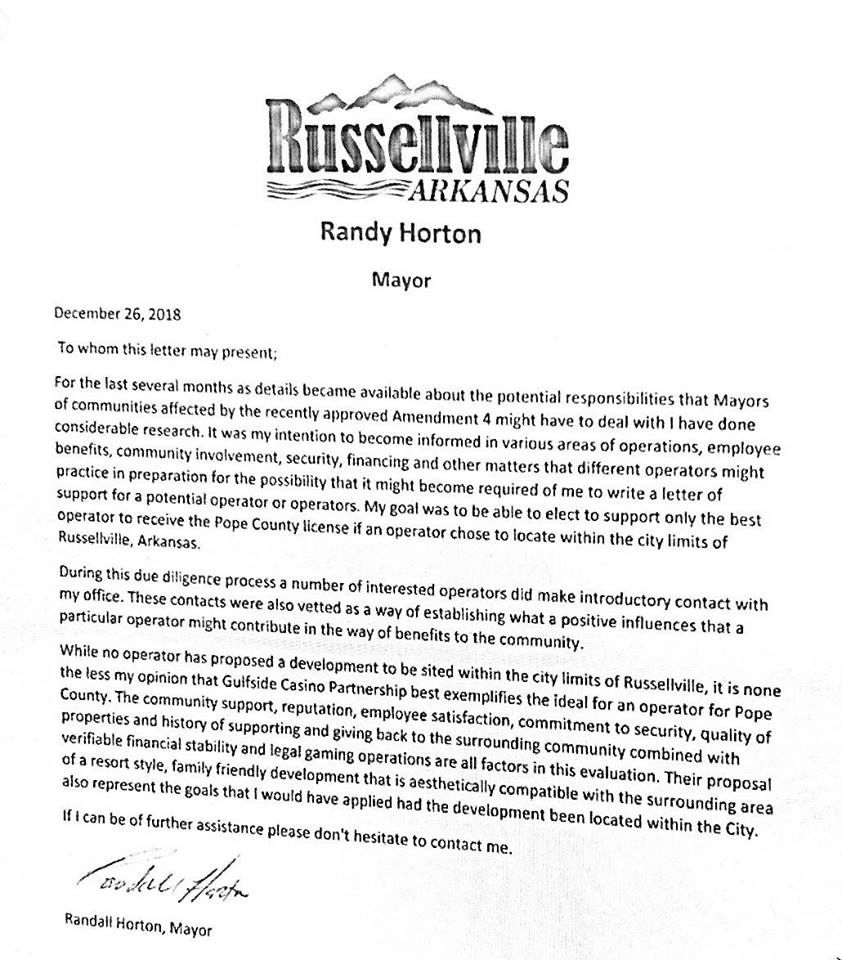 Horton letter supporting Gulfside Casino Partnership